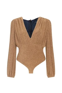 PATBO LUREX METALLIC GLÄNZEND GLITZER BRONZE LANGARM, V-AUSSCHNITT BODYSUIT - Bild 1 von 9
