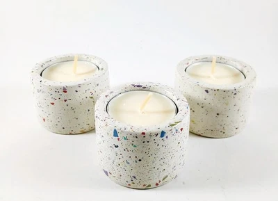 Set of 3 Tea Candle Holders White Speckle 1.5" Tall 2" Wide Each Handmade New - Image 1 of 2