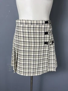 Vintage 90s Juniors 7/8 Tan Plaid Pleated Mini Skirt Buckle Clueless Schoolgirl - Picture 1 of 9