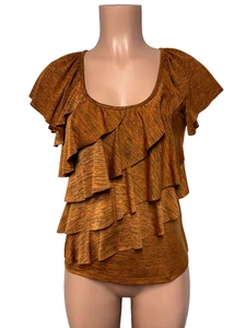 AB Studio Women's Size (S) Top Black/Orange Layered Ruffle Short Cap Sleeve - Picture 1 of 9