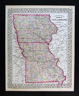 Mapa Mitchell 1872 Missouri Iowa St. Louis Des Moines Kansas City Columbia State Foto 1 de 3