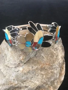 Old Pawn Zuni Sterling Multitone Inlay Hummingbird Bracelet Turquoise - Picture 1 of 12