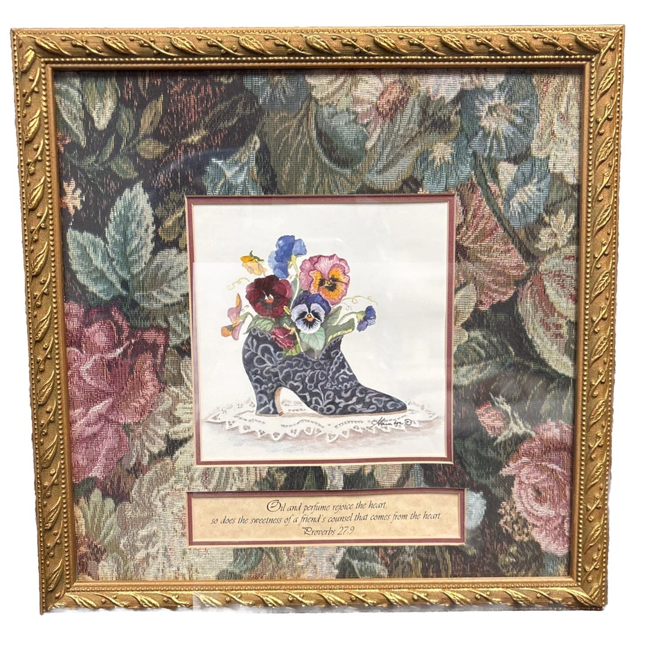 复古金色带框花卉鞋带花朵和箴言诗句 — 第 1/4 张图片