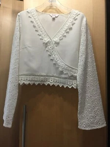 Miss Selfridge Crop Top, Lace Bell Sleeves, Lace Trims, Cotton Mix, Petite UK 12 - Picture 1 of 7