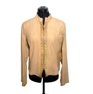 Monica Magni Jacket Women Stretch Beige Animal Print Inserts Biker Size 14 - Picture 1 of 13