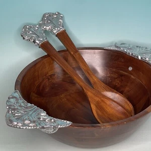 Reba Wood And Silver Salad Serving Bowl With Match Spoon Set 11” Made in India - Picture 1 of 16