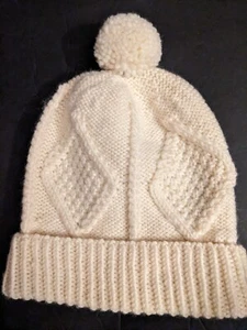 Warm ARAN WOOLLEN MILLS  Beanie Pom Hat Merino 100% Wool Ivory Cable Hand Knit  - Picture 1 of 5