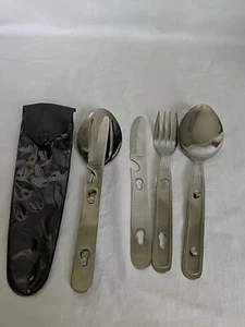 Vtg Stainless Utensil Set Knife Spoon Fork Pouch Camping Boy Scouts Pair - Picture 1 of 11