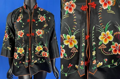 Vintage 1920s Antique Chinese Black Silk Colorful Embroidery Flower Robe Jacket  - Image 1 of 3