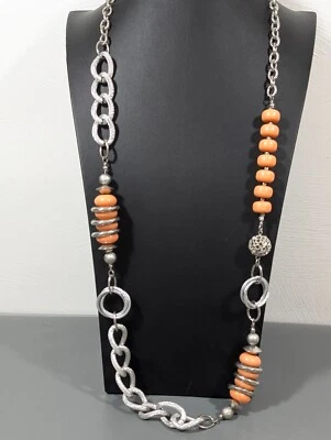 Colar de corrente NYC laranja tom prata empilhado miçangas longo robusto boho Y2K 40 pol - Imagem 1 de 4