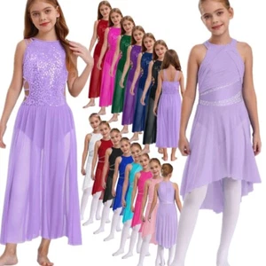 Girl Shiny Sequin Dance Costume Dress Lyrical Strappy Cutout Side Slit Mesh Gown - Picture 1 of 162