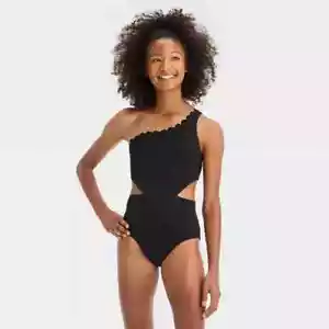 Art Class Girl's Size XS (4/5) Sweet Scallop One Piece Swimsuit Black - Picture 1 of 2