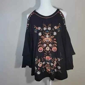 Schönes schwarzes Boho Cold Shoulder Top mit Blumenstickerei und Glockenärmeln - M - Bild 1 von 8