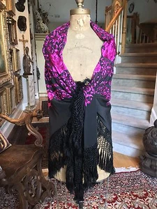 ADRIENNE LANDAU BLACK PURPLE Flowers Silk Embroidered Fringe Scarf Shawl Pareo - Picture 1 of 12