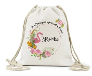 Personalised Drawstring Bag, Girls Flamingo Name, Nursery, P.E Bag,Back Pack - Picture 1 of 2