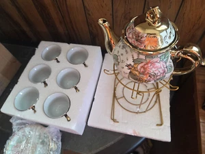 20 Pcs ANJORALA Ceramics Tea Cup Set for Adult, Coffee Cups W/ Gold Metal Holder - Picture 1 of 6