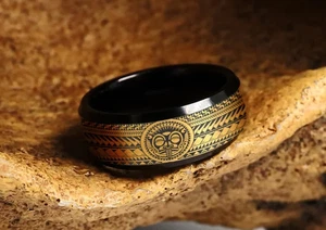 Unisex Gold/Black Tungsten Tribal Face Hawaiian Cultural Wedding Ring Band - 8mm - Picture 1 of 3