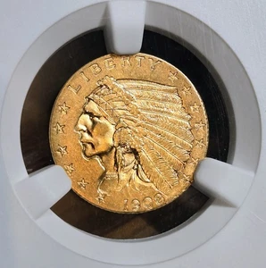 1908 INDIAN HEAD $2.5 QUARTER EAGLE GOLD NGC AU58. FIRST YEAR BEAUTY! - Picture 1 of 5
