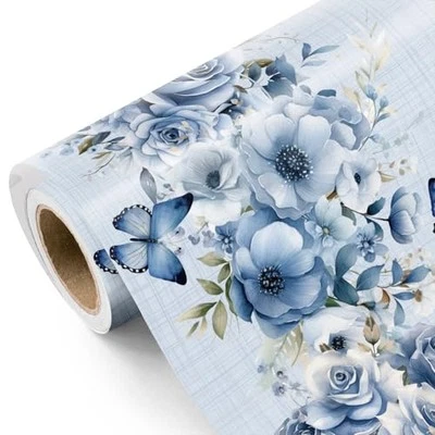  Dusty Blue Floral Wrapping Paper Roll - Mini Roll - 17 Inch x 9.8 Feet -  - Image 1 of 4