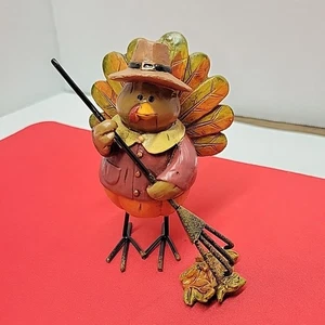Wooden Thanksgiving Turkey Raking Leaves Holidays Fall Decor - Picture 1 of 6