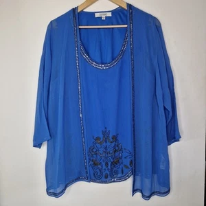 Women's Nightingales Blue Sequin Detail Top Set Size UK 18 Vest Cardigan Flowy - Picture 1 of 4