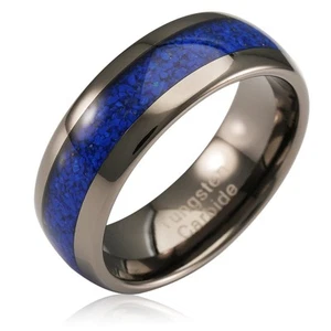 Gunmetal Tungsten Rings for Men, Blue Lapis Lazuli Inlay, Dome Shape, Wedding... - Picture 1 of 6