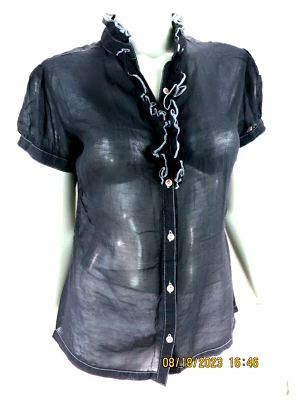 NICK AND MO TALLA M Algodón/Seda Negra Transparente Abotonada Volantes Blusa Elegante Top Camisa Foto 1 de 4
