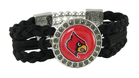 Louisville Cardinals Multi Braided Black Leather Crystal Bracelet Jewelry UL Red Cover
