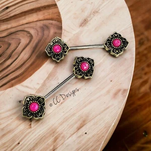 14g Pair Rose Gold Burnished Filigree Pink Faux Opal nipple rings J188 - Picture 1 of 3