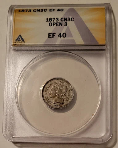 1873 Three Cent Nickel Open 3 XF40 ANACS Cover
