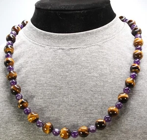 Tiger's Eye 12mm and Amethyst 8mm Necklace - Picture 1 of 4