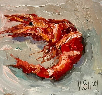 Shrimp Original Oil Painting Fish Still Life Sea Food Art Collectible Impression - image 1 of 4