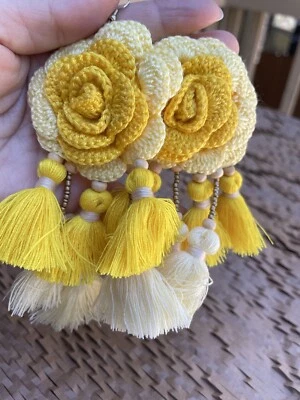 Handmade Crochet Elegant Colorful Flower and Tassels Boho Dangle Earrings Yellow - Image 1 of 4