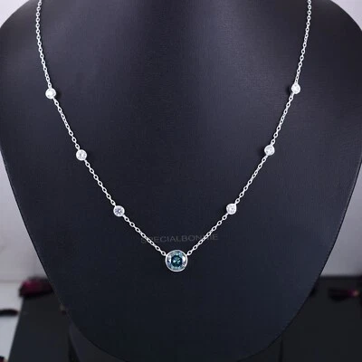 Certified 4 Ct Blue & White Diamonds Necklace Great Shine ! No Tariff - Image 1 of 4