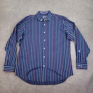 Bugatchi Shirt Mens 17.5 Blue Striped Long Sleeve Button Down Casual Classic Fit - Picture 1 of 15