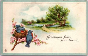 Nido de pájaros en flor árbol paisaje árbol grande río amigable postal de saludo - Imagen 1 de 2