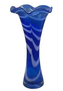 Taschentuch Vase Kobaltblau Weiß Geriffelt Wirbel 12,5" Hoch 3,5" Sockel 6,25" LESEN - Bild 1 von 8