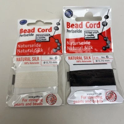 Lote de 2, Cordón de Cuentas de Seda Natural Griffin Talla 6, Blanco y Negro Foto 1 de 4