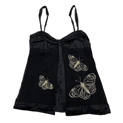 Camiseta sin mangas Bebe Y2K para mujer S babydoll de seda negra superposición de malla mariposa hada Foto 1 de 4
