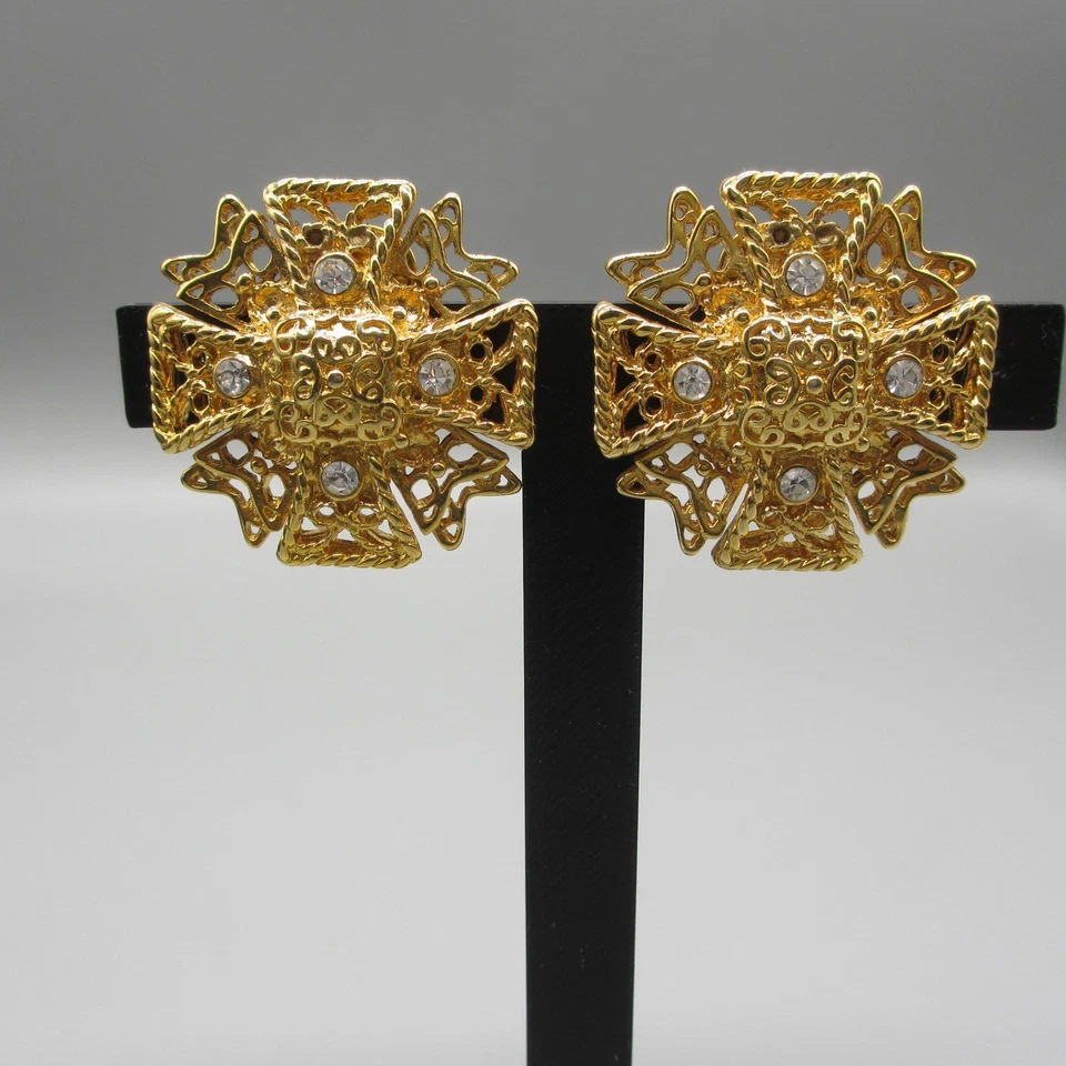 复古 KJL 耳环 马耳他十字水钻 金色 金银丝夹 — 第 1/4 张图片