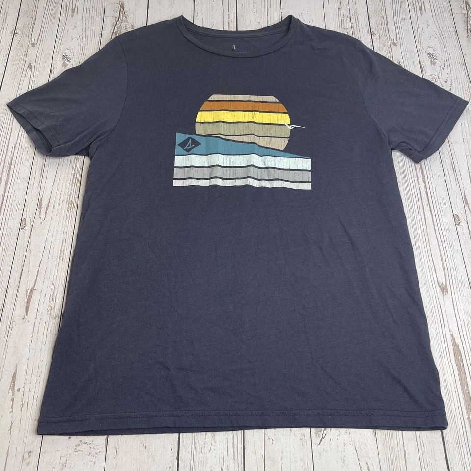 Sperry Top Sider Graphic T Shirt Sunset Beach Mens Large Navy Blue Short Sleeve - Image 1 of 4