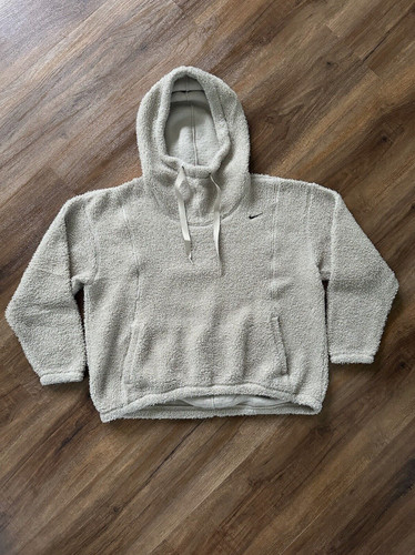 OFF WHITE Felpa con cappuccio Nike Therma Fit stile sherpa color crema donna taglia media