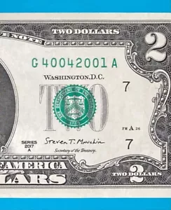 G 4004 2001 A : TRAILING YEAR 2001 $2 Two Dollar Bill Serial Number *UNC* - Picture 1 of 3