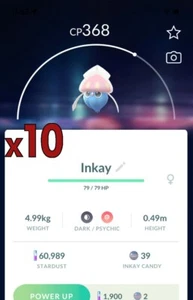¡Paquete de 10 Pokémon Inkay!! ¡Buena oportunidad de suerte y buenos IV!! Go - Imagen 1 de 1