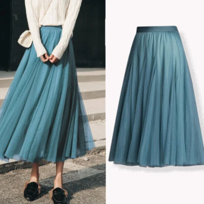 Mujeres Informal Malla Falda Larga Big Swing Gasa Tul Elástico Cintura Alta Falda Midi Foto 1 de 4