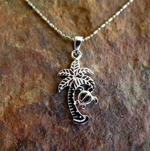 Hawaii Design Jewelry 925K Sterling Silver Palm Tree Honu Turtle Pendant SP25401 - Picture 1 of 2