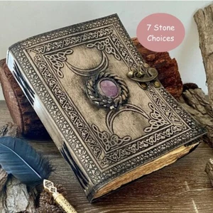 A5 Vintage Triple Moon Leather Journal - 200 Vintage Pages - 6 Stone Choices - Picture 1 of 17