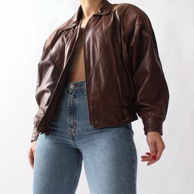 Women’s Brown INC Vintage Leather Jacket Up Collared Bomber Button Up Size L - Image 1 of 4