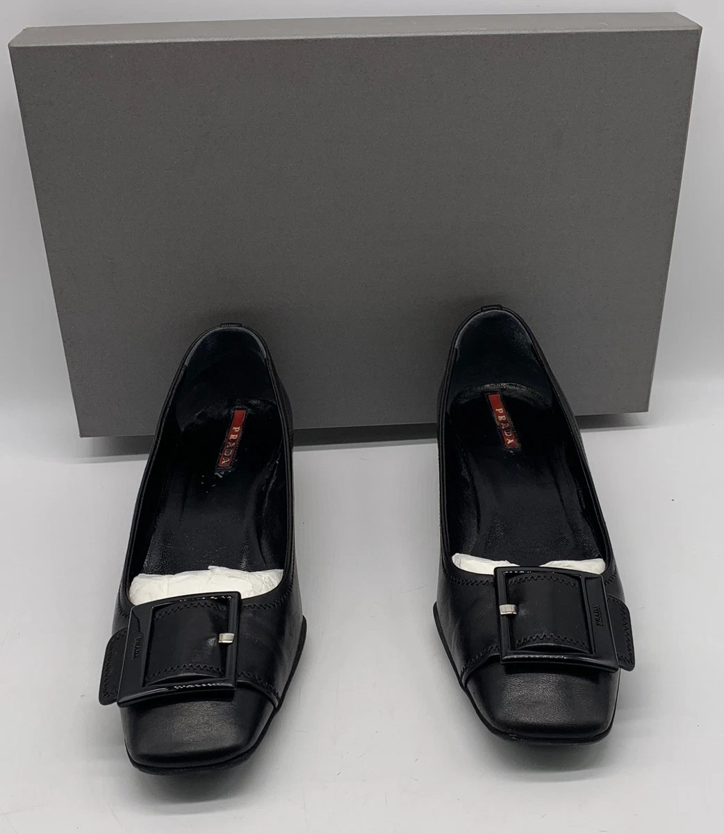 Prada Womens Black Leather Square Toe Kitten Heel Pumps w/ Buckle
