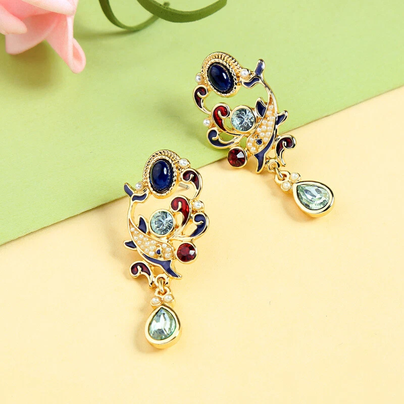 LAB DOLPHIN MULTI-STONE 14K GOLD PLATED DROP DANGLE EARRINGS - New With Tag - Image 1 of 1